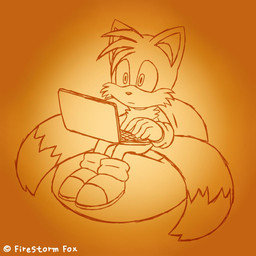 anthro clothing computer electronics footwear gloves handwear laptop male simple_background sitting solo firestormfox sega sonic_the_hedgehog_(series) miles_prower canid canine fox mammal 1:1 signature source_request unavailable_at_source