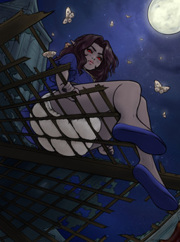 blue_clothing bodily_fluids building clothed clothing dark_body detailed_background diaper dress female footwear genital_fluids looking_at_viewer looking_down low-angle_view moon moths nails night pointy_ears red_eyes sharp_nails shoes slippers solo tower unclean_diaper urine used_diaper wearing_diaper wet_diaper floofnfluff ambient_arthropod ambient_insect ambient_moth arthropod humanoid insect lepidopteran moth vampire absurd_res digital_media_(artwork) hi_res