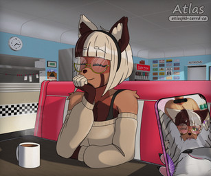 accessory anthro appliance arm_tuft arms_bent ass_up bangs beverage black_nose black_sclera blonde_hair blue_wall bob_cut booth_seating bra bra_strap brown_body brown_fur brown_hair calendar checkered checkered_wall chest_tuft claws clock clothed clothing coffee coffee_mug countershade_torso countershading cracked_screen cunnilingus diner duo electronics eyes_closed eyewear facial_markings female female/female female_pov first_person_view fridge fur furniture glasses grey_body grey_fur hair hair_accessory hairband hand_on_chin head_markings holding_object holding_phone inside kitchen_appliance leg_grab looking_at_viewer markings mask_(marking) off_shoulder_shirt one_eye_closed oral pawpads phone photo pink_pawpads pink_phone restaurant round_glasses ruined_reputation sex shoulder_tuft sign sitting smile split_color_hair steam straight_bangs striped_body stripes table tear_(marking) text thigh_grab tuft underwear vaginal yellow_eyes atlas_jkb anya_(atlas_jkb) rae_(atlas_jkb) ailurid domestic_cat felid feline felis mammal red_panda tabby_cat 6:5 absurd_res english_text hi_res shaded watermark