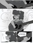 anthro clothed clothing comic cricetid english_text female guitar hamster hi_res mammal monochrome musical_instrument nimzy noms_(nimzy) plucked_string_instrument rodent shirt sitting solo string_instrument text topwear