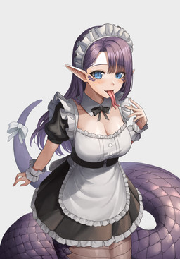 accessory apode apron black_clothing black_dress black_ribbon blue_eyes breasts cleavage clothed clothing collar dress female forked_tongue frilly frilly_clothing furgonomics hair legless long_hair maid_headdress maid_uniform pointy_ears pupils purple_body purple_hair purple_scales ribbons scales serpentine simple_background slit_pupils solo split_form tail tail_accessory tail_ribbon tongue uniform white_apron white_background white_clothing white_collar white_ribbon shengxiu_de_pige draconcopode lamia reptile scalie snake absurd_res hi_res