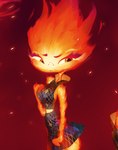 breasts clothed clothing dress embarrassed female fire half-closed_eyes looking_at_viewer narrowed_eyes not_furry solo thick_thighs inker_comics disney elemental_(pixar) pixar ember_lumen elemental_creature elemental_humanoid fire_creature fire_humanoid humanoid 2023 absurd_res hi_res