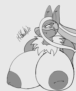 anthro big_breasts big_nipples breasts embarrassed female frown fur huge_breasts hyper hyper_breasts inverted_nipples long_ears looking_away nipples solo rcblackdie nintendo pokemon canid generation_9_pokemon mammal mega_evolution mega_lucario_z pokemon_(species) 5:6 hi_res monochrome sketch