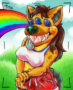 anthro big_breasts bottomwear breasts clothing crop_top erect_nipples female goofy_smile grass multi_eye navel nipples plant rainbow sharp_teeth shirt shorts solo teeth topwear trippertrip lana_(trippertrip) alien hybrid hyena mammal murid murine rat rodent hi_res