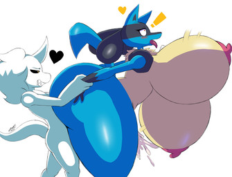 anthro arm_pull big_breasts big_butt black_sclera blue_body blue_fur bodily_fluids bouncing_breasts breasts butt cum cum_in_vagina cum_inside duo exclamation_point female from_behind_position fur genital_fluids heart_symbol huge_breasts hyper hyper_breasts larger_female male male/female multicolored_body multicolored_fur nipples nude prison_guard_position red_eyes sex simple_background size_difference smaller_male smile standing standing_sex tongue tongue_out vaginal white_background white_body white_fur wide_hips yellow_eyes itisjoidok nintendo pokemon joid_(itisjoidok) canid canine canis generation_4_pokemon lucario mammal pokemon_(species) absurd_res hi_res