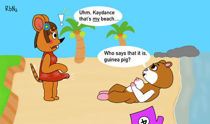 anthro beach clothing duo erection erection_under_clothing female genitals gynomorph gynomorph/female intersex intersex/female lying nude palm_tree penis plant relaxing shirt_off surprised text tree rubidiumnitride animal_crossing nintendo fan_character flossie_(animal_crossing) kaydance_(rubidiumnitride) caviid cricetid guinea_pig hamster mammal mouse murid murine rodent english_text