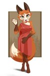 4_fingers anthro arm_tuft breasts clothed clothing dipstick_tail dress eyebrows facial_markings feet female fingers fur gloves_(marking) green_eyes head_markings looking_at_viewer markings mask_(marking) off_shoulder orange_body orange_fur red_clothing red_dress shoulder_tuft solo tail tail_markings tuft white_body white_fur miakameron canid canine fox mammal 2024 absurd_res hi_res