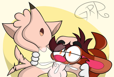 4_fingers anthro balls bodily_fluids cartoon_gloves clothing cum cum_in_mouth cum_inside duo eyewear fingers genital_fluids genitals glasses head_push male male/male open_mouth oral orange_tongue shirt tail tail_motion tailwag tongue toony topwear wearing_glasses wearing_gloves wide_eyed conditional_dnp sr-g paco_(sr-g) roderick_(tamerkoh) canid canine canis chihuahua domestic_dog lagomorph leporid mammal rabbit toy_dog hi_res