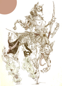 anthro breasts female fire katana kemono melee_weapon nipples prosthetic solo sword weapon megrim_haruyo taur 2018 hi_res