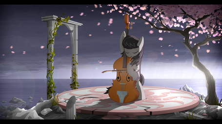black_bars bodily_fluids bow_(feature) bow_(stringed_instrument) bow_tie bowed_string_instrument cello cherry_blossom cutie_mark detailed_background eyes_closed female flower musical_instrument plant prunus_(flower) scenery solo string_instrument tail tears tree wind wood gign-3208 friendship_is_magic hasbro my_little_pony octavia_(mlp) earth_pony equid equine horse mammal pony 16:9 hi_res letterbox widescreen