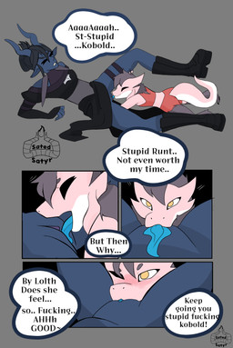 anthro arrogant clothed clothing cunnilingus demanding dialogue duo female female/female genitals horn oral profanity sex short size_difference text tongue tongue_out vaginal vulva satedsatyr nedalyne_(satedsatyr) vee_(satedsatyr) drow elf horned_humanoid humanoid kobold scalie tiefling absurd_res comic english_text hi_res