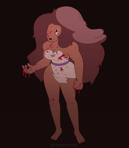 angry anthro barefoot black_background blood blood_on_clothing blood_on_face blood_on_hand blood_on_leg bodily_fluids breasts brown_body brown_fur brown_hair brown_skin clothed clothed_anthro clothed_female clothing dress feet female female_anthro fur hair long_hair looking_at_viewer messy messy_hair poofy_hair simple_background solo torn_clothing white_clothing white_dress thesummerwitch adventure_time cartoon_network samantha_(adventure_time) canid canine canis domestic_dog mammal absurd_res hi_res