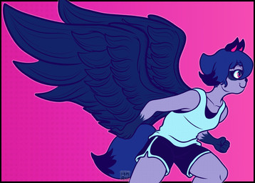 5_fingers abstract_background action_pose anthro bent_arm biped black_border blue_body blue_feathers blue_fur blue_hair border bottomwear clothed clothing collarbone feathered_wings feathers female fingers fist fur hair leaning leaning_forward pink_background pink_eyes pose round_ears round_tail shirt short_hair short_snout short_tail shorts side_view simple_background smile snout solo spread_wings standing stippling tail tank_top topwear white_clothing white_shirt white_tank_top white_topwear wings marunorisco brand_new_animal studio_trigger michiru_kagemori canid canine mammal raccoon_dog tanuki 2026 colored digital_drawing_(artwork) digital_media_(artwork) flat_colors half-length_portrait hi_res line_art portrait signature
