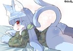 anthro blue_body blue_fur blue_hair blush bottomless bottomless_anthro butt camo camo_clothing camo_print clothed clothing cute_fangs fangs femboy fluffy forked_tail fur hair jacket kemono long_hair looking_at_viewer looking_back looking_back_at_viewer lying male male_anthro neck_tuft on_front open_mouth pattern_clothing red_eyes solo tail teeth text tongue topwear tuft unusual_anatomy unusual_tail whiskers white_body white_fur zokucyoo japan_air_self-defense_force omaneko_(jasdf) domestic_cat felid feline felis mammal 2023 digital_media_(artwork) hi_res japanese_text translated_description translation_request