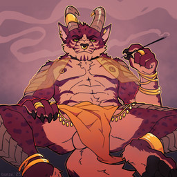 anklet anthro ball_slip balls bottomwear chest_tuft clothing ear_piercing ear_ring facial_piercing fur genitals gold_(metal) gold_ring horn horn_jewelry horn_ring incense jewelry loincloth looking_at_viewer male male_anthro markings muscular muscular_anthro muscular_male nipple_piercing nipple_ring nipples nose_piercing nose_ring piercing ring ring_(jewelry) ring_piercing sitting solo spots spotted_body spotted_fur spread_legs spreading striped_body striped_fur stripes tail tuft bonze ojai_(dataderg) felid hybrid leopard mammal pantherine 1:1 2025