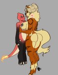 anthro arcanine big_butt blue_eyes blush breasts butt canid canine charmeleon denise_(charmeleon) dominant duo female female/female fire flaming_tail flare_melune fluffy generation_1_pokemon genitals gloves_(marking) hair hair_bun hi_res larger_female_smaller_female leg_markings mammal markings nintendo nipples pinned pinned_to_wall pokemon pokemon_(species) pussy reptile scalie short size_difference socks_(marking) tail tall theladybear thick_thighs