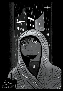 anthro bedding blanket bodily_fluids city clothed clothing night raining solo tears whiskers arc_rose domestic_cat felid feline felis mammal bust_portrait monochrome portrait