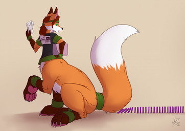 black_clothing black_shirt black_topwear bottomless brown_ear_tips brown_hair clothed clothing countershading dipstick_ears dominoes ear_markings fluffy fluffy_tail fur furry_problems green_background hair holding_object looking_back male multicolored_body multicolored_ears multicolored_fur orange_body orange_fur pawpads raised_leg shirt simple_background solo tail topwear white_body white_countershading white_fur zarakon rawca canid canid_taur canine canine_taur fox fox_taur mammal mammal_taur taur 2025 hi_res signature