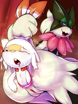 ambiguous_gender anal anal_vore anthro anus bodily_fluids duo female fur genitals grabbing_both_ears green_body green_fur lying mask on_side open_mouth stage vore vulva wet white_body white_fur cha0sapien nintendo pokemon domestic_cat felid feline felis generation_8_pokemon generation_9_pokemon lagomorph leporid mammal meowscarada pokemon_(species) rabbit scorbunny 3:4 absurd_res hi_res