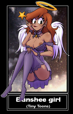 areola back_wings banshee_girl bell big_breasts black_eyes blush blush_lines breasts brown_areola brown_hair brown_nipples camel_toe clothing dark_body dark_skin eyelashes feathered_wings feathers female freckled_face freckles front_view hair halo legwear lipstick long_hair looking_at_viewer makeup nipples not_furry panties purple_bow purple_clothing purple_legwear purple_panties purple_topwear purple_underwear red_lipstick smile solo text thick_thighs topwear underwear white_body white_feathers wide_hips wings hatobara tiny_toon_adventures warner_brothers humanoid winged_humanoid hi_res