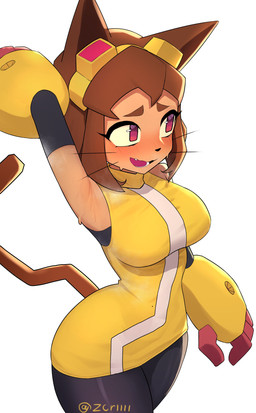anthro armpit_fetish blush blush_lines bodily_fluids breasts brown_hair brown_tail clothed clothing curvy_figure dress eyewear eyewear_on_head female goggles goggles_on_head hair leggings legwear open_mouth open_smile pink_eyes raised_arm short_dress simple_background small_waist smile solo steam sweat sweatdrop sweaty_armpit tail tan_body tan_skin text thick_thighs whiskers white_background wide_hips zcri gameoverse glitch_productions kit_bodega domestic_cat felid feline felis mammal 2026 absurd_res artist_name digital_drawing_(artwork) digital_media_(artwork) hi_res portrait three-quarter_portrait