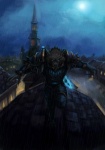 anthro armor blue_eyes charging church claws fangs full_moon glowing glowing_eyes knight male medieval_architecture melee_weapon moon night outside raining scenery solo sword teeth warrior weapon cloud.k blizzard_entertainment warcraft canid mammal werecanid werecreature worgen absurd_res cool_colors hi_res