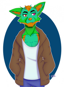 anthro arms_bent biped black_eyebrows blue_bottomwear blue_clothing blue_pants bottomwear brown_clothing brown_jacket brown_topwear cheek_tuft closed_frown clothed clothed_anthro clothed_male clothing eyebrows facial_tuft fangs fluffy fluffy_ears front_view frown fully_clothed fully_clothed_anthro fully_clothed_male fur fur_markings green_body green_fur hair hands_in_both_pockets heterochromia inner_ear_fluff jacket lidded_eyes light male male_anthro markings mouth_closed multicolored_body multicolored_fur open_clothing open_jacket open_topwear orange_hair orange_inner_ear_fluff orange_markings orange_nose outline oval pants pink_eyes red_eyes shirt short_hair simple_background solo standing teal_body teal_fur teal_teeth teeth thick_eyebrows topwear tuft white_background white_clothing white_outline white_sclera white_shirt white_topwear monstergirlreality volex_(volex11) canid canine canis domestic_dog husky mammal nordic_sled_dog spitz 2021 colored digital_drawing_(artwork) digital_media_(artwork) english_description half-length_portrait hi_res lighting portrait shaded signature