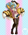 aloha_shirt animal_genitalia anthro arms_above_head balls bell blue_eyes blue_hair blue_nose blue_pawpads blue_penis breasts chest_tuft cleavage clothed clothing collar digitigrade erection eyewear fishnet_clothing fishnet_legwear genitals glasses gynomorph hair heterochromia hybrid_genitalia hybrid_penis intersex knot legwear lgbt_pride long_hair multi_tail no_underwear pattern_clothing pattern_shirt pattern_topwear pawpads penile_spines penis pride_color_background pride_colors red_eyes sheath shirt simple_background solo stockings tail topwear transgender_pride_colors tuft tigerinspace neko_ed canid canine cheetah felid feline fox hybrid mammal 4:5 absurd_res hi_res nonbinary_(lore) trans_(lore) trans_woman_(lore)