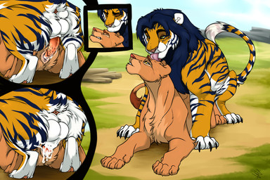 balls claws duo female female_penetrated feral feral_on_feral fur genitals grass green_eyes male male/female male_penetrating male_penetrating_female mane multicolored_body multicolored_fur multicolored_tail orange_body orange_fur orange_tail penetration plant sex tail disperso disney microsoft the_elder_scrolls the_lion_king kovu_muabdib nala_(the_lion_king) felid hybrid khajiit liger lion mammal pantherine tiger 3:2 hi_res