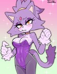 anthro biped black_nose blush bodily_fluids breasts cleavage clothed clothing eyelashes eyeliner female fur leotard looking_at_viewer makeup multicolored_body multicolored_fur orange_eyes pupils purple_body purple_fur purple_tail simple_background slit_pupils solo sweat tail teeth white_body white_fur sususuigi sega sonic_the_hedgehog_(series) blaze_the_cat domestic_cat felid feline felis mammal hi_res