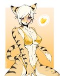 abs anthro bikini blonde_hair breasts chest_tuft clothing eye_scar eyebrows eyelashes facial_scar female fur gold_bikini hair heart_symbol medium_breasts muscular muscular_anthro muscular_female navel nipple_outline red_eyes scar solo striped_body striped_fur stripes swimwear tan_body tan_fur tuft two-piece_swimsuit under_boob endjfcar golden_week chloe_(hunglee) felid leopard mammal pantherine 2025 hi_res pictographics