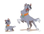 2021 aged_up black_nose brown_eyes canid canine canis collar digital_media_(artwork) dipstick_tail domestic_dog duo feral fur grey_body grey_fur hi_res krossan_(artist) male mammal markings mixed_breed nickelodeon notched_ear open_mouth open_smile paw_patrol paws quadruped raised_paw recycling_symbol rocky_(paw_patrol) signature simple_background smile standing symbol tail tail_markings tongue tongue_out white_background young young_feral