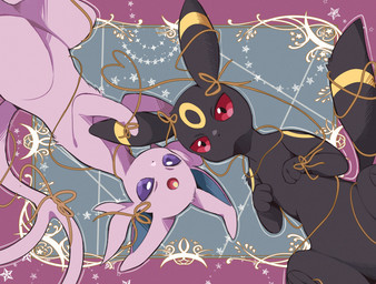 abstract_background ambiguous_gender black_body duo feral forked_tail lying on_back pink_body purple_eyes red_eyes tail unusual_anatomy unusual_tail prrrrrrmine nintendo pokemon eeveelution espeon generation_2_pokemon pokemon_(species) umbreon absurd_res hi_res shaded