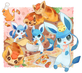 ambiguous_gender apron baked_goods baking baking_tray blue_body blue_eyes blue_inner_ear blue_markings bodily_fluids bow_tie bowl brown_body brown_eyes brown_fur brown_inner_ear brown_markings carrying_another chasing chef_hat chocolate_cornet claws clothing container cooking crumbs crumbs_on_face crying curled_tail dough extreme_size_difference eyes_closed feral fire flower footprint fur gloves_(marking) green_body green_fur green_markings grey_eyes group hair hat headgear headwear heart_symbol holding_container holding_object holding_rolling_pin in_bowl in_container in_food leaf leg_markings licking licking_lips looking_at_another looking_at_viewer lying markings micro multi_tail multicolored_body multicolored_fur necktie on_back on_front on_head on_top one_fang open_mouth orange_body orange_fur orange_hair orange_necktie orange_tail pawpads pawprint paws pink_bow_tie pink_flower pink_pawpads pink_ribbon plant raised_arm red_hair red_tail ribbons rolling_pin running size_difference smile socks_(marking) standing striped_ribbon tail tail_markings tan_body tan_fur tears tongue tongue_out white_body white_fur white_markings yellow_body yellow_fur yellow_markings michi_runi nintendo pokemon canid canine charmander eeveelution generation_1_pokemon generation_4_pokemon glaceon mammal pokemon_(species) scalie shiny_pokemon vulpix digital_media_(artwork)