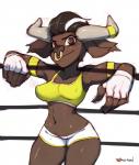 2016 anthro big_breasts bottomwear bovid bovine breasts brown_eyes cattle clothing facial_piercing female fingerless_gloves gloves hair handwear hi_res horn looking_at_viewer maiz-ken mammal nose_piercing nose_ring piercing ring_piercing septum_piercing shorts simple_background smile solo white_background