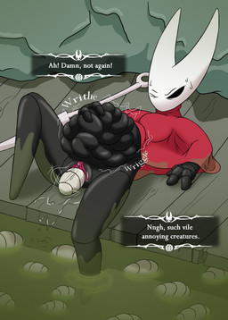 ambiguous_gender ambiguous_prey anthro bodily_fluids dialogue dialogue_box female genital_fluids genitals infestation parasite penetration solo sweat sweatdrop tear_trough text unbirthing vaginal vaginal_fluids vaginal_penetration vore vulva mikey6193 hollow_knight_(franchise) team_cherry hornet_(hollow_knight) english_text hi_res