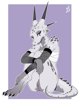 anthro anus arm_spikes armwear bangle bottomless bottomless_anthro bottomless_female chest_wraps clothed clothing countershading ear_piercing ear_ring female fishnet_armwear fishnet_clothing front_view genitals grey_body grey_scales horn jewelry looking_at_viewer piercing purple_eyes ring_piercing scales shoulder_spikes sitting solo spiked_tail spikes spikes_(anatomy) tail vulva wraps w4g4 kobold scalie 2020 full-length_portrait hi_res portrait