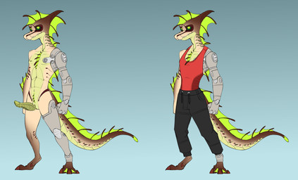 animal_genitalia anthro clothing cybernetic_arm cybernetic_leg cybernetic_limb cybernetics genital_slit genitals gills machine male one-piece_swimsuit penis solo standing swimwear tail conditional_dnp shido-tara 6-9 aquatic cyborg reptile scalie hi_res model_sheet sketch