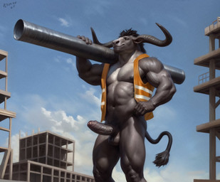anthro balls belt biceps biped bottomless clothed clothing construction_worker erection foreskin fur genitals hair holding_object horn humanoid_genitalia humanoid_penis male muscular muscular_anthro muscular_male navel nipples penis sky solo standing tail topwear topwear_only vest vest_only aduran bovid bovine cattle mammal digital_media_(artwork) digital_painting_(artwork) hi_res painting_(artwork)