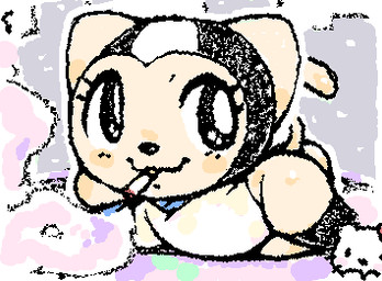 ambiguous_gender anthro arm_support armor big_eyes black_eyes black_nose chibi cigarette cigarette_in_mouth clothed clothed_anthro clothed_female clothing duo eyelashes female female_anthro female_focus head_on_hand headgear headwear helmet legwear leotard looking_aside object_in_mouth pupils smoke smoking smoking_cigarette solo_focus tail tan_body tan_ears white_pupils white_sclera wide_hips ligma_(artist) hello_kitty_(series) sanrio tamala_2010:_a_punk_cat_in_space hello_kitty_(character) tamala domestic_cat felid feline felis mammal 2026 animated crossover digital_media_(artwork) low_res wigglypaint_(artwork) female_(lore)