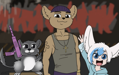 anthro anthrofied beanie clothing cross feral gesture graffiti group gun hand_gesture hat headgear headwear male male/male ranged_weapon smile smiling_at_viewer v_sign waving waving_at_viewer weapon furnut 12_oz._mouse adult_swim cartoon_network aogami_(character) carlos_(saints_row) skillet_(12_oz._mouse) chinchilla chinchillid humanoid mammal rodent hi_res