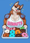 anthro arm_markings big_breasts blep blue_background blue_body blue_eyes blue_fur blue_markings blue_nose bra breasts brown_body brown_fur cleavage clothed clothed_anthro clothed_female clothing countershading dessert doughnut female female_anthro food fur holding_object holding_tray looking_at_viewer markings multicolored_body multicolored_fur muscular muscular_anthro muscular_female orange_body orange_fur pastry shoulder_markings simple_background smile solo tan_body tan_countershading tan_inner_ear text text_on_bra text_on_clothing text_on_underwear tongue tongue_out tray underwear white_body white_bra white_clothing white_fur white_underwear duase raya_(rayadonutdog) canid canine canis domestic_dog mammal 2025 bust_portrait hi_res portrait