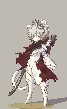 blood blood_on_tail bodily_fluids clothing damaged damaged_clothing embarrassed female fighting_pose genital_fluids genitals incontinence knife looking_at_viewer music notched_ear pose scared solo standing tears urine vulva white_body wounded young cassis felid feline felis mammal absurd_res hi_res