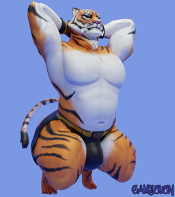 5_toes anthro black_clothing black_gloves black_handwear black_jockstrap black_tail_tip black_underwear blue_background bulge clothing crouching dipstick_tail fangs featureless_chest feet fur fur_tuft gloves hands_behind_head handwear jockstrap male markings mouth_closed multicolored_body multicolored_fur navel neck_tuft orange_body orange_fur pecs simple_background solo striped_body striped_fur striped_markings striped_tail stripes tail tail_markings teeth thick_thighs toes tuft underwear white_body white_fur camseven epic_games fortnite oscar_(fortnite) felid mammal pantherine tiger 3d_(artwork) digital_media_(artwork) hi_res