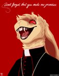 anthro blonde_hair clothing floppy_ears hair lop_ears male priest red_eyes religious_clothing simple_background solo text howlsnteeth lagomorph leporid mammal rabbit