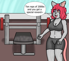 anthro athletic_wear bench_press bra clothing ear_piercing female gym hair piercing red_hair solo sports_bra underwear dank-artistic-fox mammal murid murine rat rodent hi_res