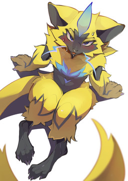 anthro blue_eyes bodily_fluids claws finger_claws fur high-angle_view looking_at_viewer male open_mouth paws perspective sitting sitting_on_ground solo sweat sweatdrop yellow_body yellow_fur niktarin nintendo pokemon generation_7_pokemon legendary_pokemon pokemon_(species) zeraora