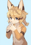 anthro blue_eyes blush braided_hair clothed clothing fur hair looking_at_viewer male nude orange_body orange_fur ponytail simple_background solo topless young young_anthro umani furiorid felid mammal