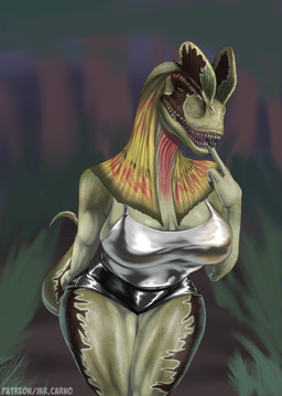 anthro anthrofied bedroom_eyes big_breasts black_bottomwear black_clothing black_shorts blurred_background bottomwear breasts brown_body claws clothing detailed_background eyes_mostly_closed female finger_claws finger_to_mouth fingers frill_(anatomy) front_view grass green_body hotpants humanoid_hands leaning leaning_forward looking_at_viewer narrowed_eyes non-mammal_breasts open_mouth orange_body orange_eyes outside plant pose red_body seductive sharp_teeth shirt shorts solo standing tail tank_top teeth text thick_thighs topwear white_clothing white_shirt white_tank_top white_topwear wide_hips mr.carno jurassic_park universal_studios dilophosaurid dilophosaurus dinosaur prehistoric_species reptile saurischian scalie theropod absurd_res artist_name colored hi_res portrait shaded three-quarter_portrait url watermark