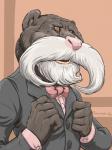 5_fingers anthro beard biped bow_(feature) bow_tie brown_background brown_body brown_eyes brown_fur business_suit button_(fastener) classy clothed clothing elderly facial_hair fingers fur gentleman grey_clothing humanoid_hands inner_ear_fluff light looking_aside looking_away male mature_anthro mature_male mustache open_mouth pink_clothing pink_nose shadow simple_background solo suit teeth tuft dudebulge callitrichid emperor_tamarin haplorhine mammal monkey new_world_monkey primate tamarin 2018 digital_drawing_(artwork) digital_media_(artwork) half-length_portrait hi_res lighting portrait